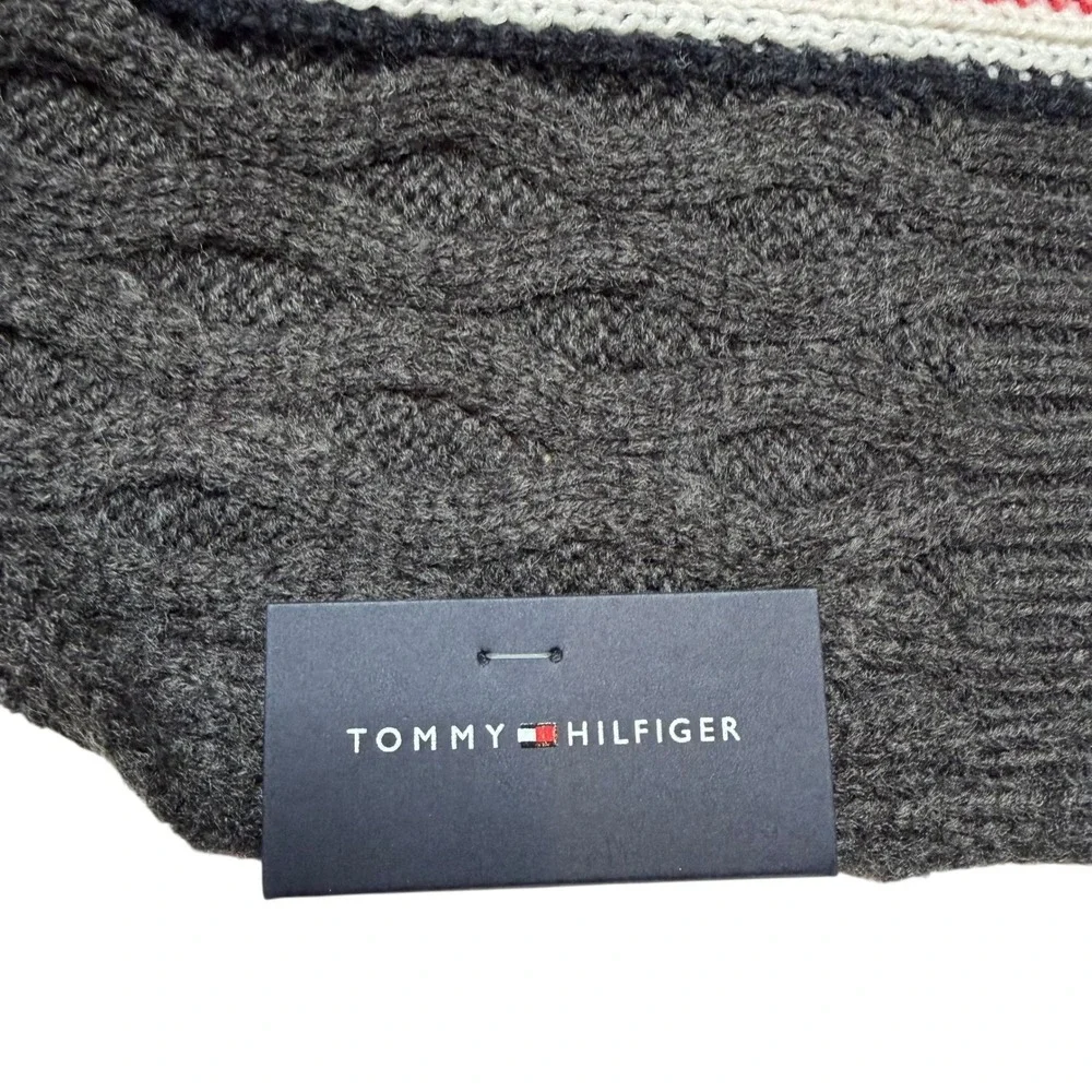 Tommy Hilfiger Cable Knit Ski Patrol Scarf Mens‎ Gray Red White Striped NWT OS